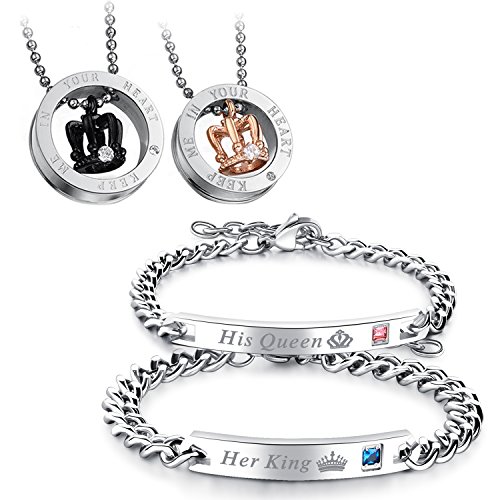 Flongo Paar-Schmuckset Partner Armbänder + Partner Halsketten Paar Geschenke Edelstahl-Halskette und -Armband mit Gravur Halskette mit Ring Geschenke für Jahrestage, Valentinstage, Geburtstage von Flongo