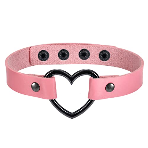 Flongo Tattoo Choker Leder Halsband Lederhalsband Damen, Leder Halskette Halsband Anhänger Choker Tattoo Kette Schwarz Blau Pink Rot Lila Weiß Silber Herz Gothic Punk Rock von Flongo