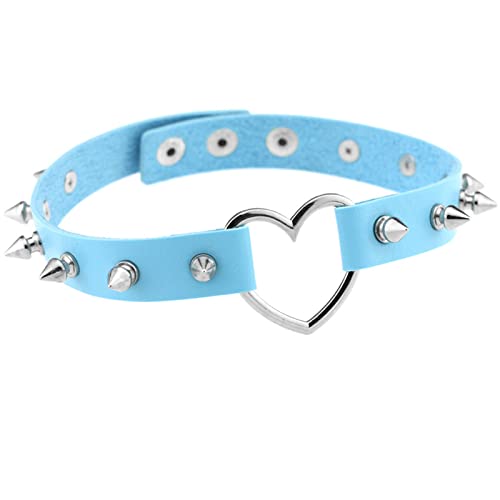 Flongo Tattoo Choker Leder Halsband Lederhalsband Damen Kragen Halskette Anhänger Kette mit Nieten Herz Gothic Punk Rock für Frauen Blau von Flongo