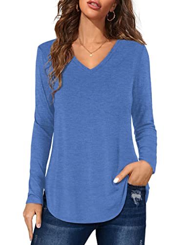 Florboom Oberteile Damen Einfarbiges Shirts Langarm V Ausschnitt T-Shirt Locker Bluse, Blau XL von Florboom