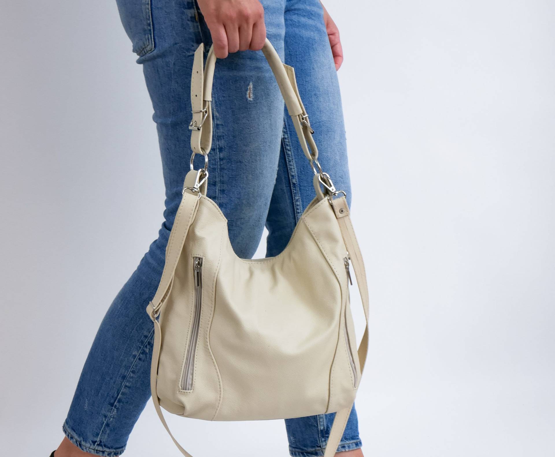 Beige Leder Hobo Tasche - Schultertasche Crossbody Geldbörse Für Frauen Alltagsleder Handtasche von FlouBag