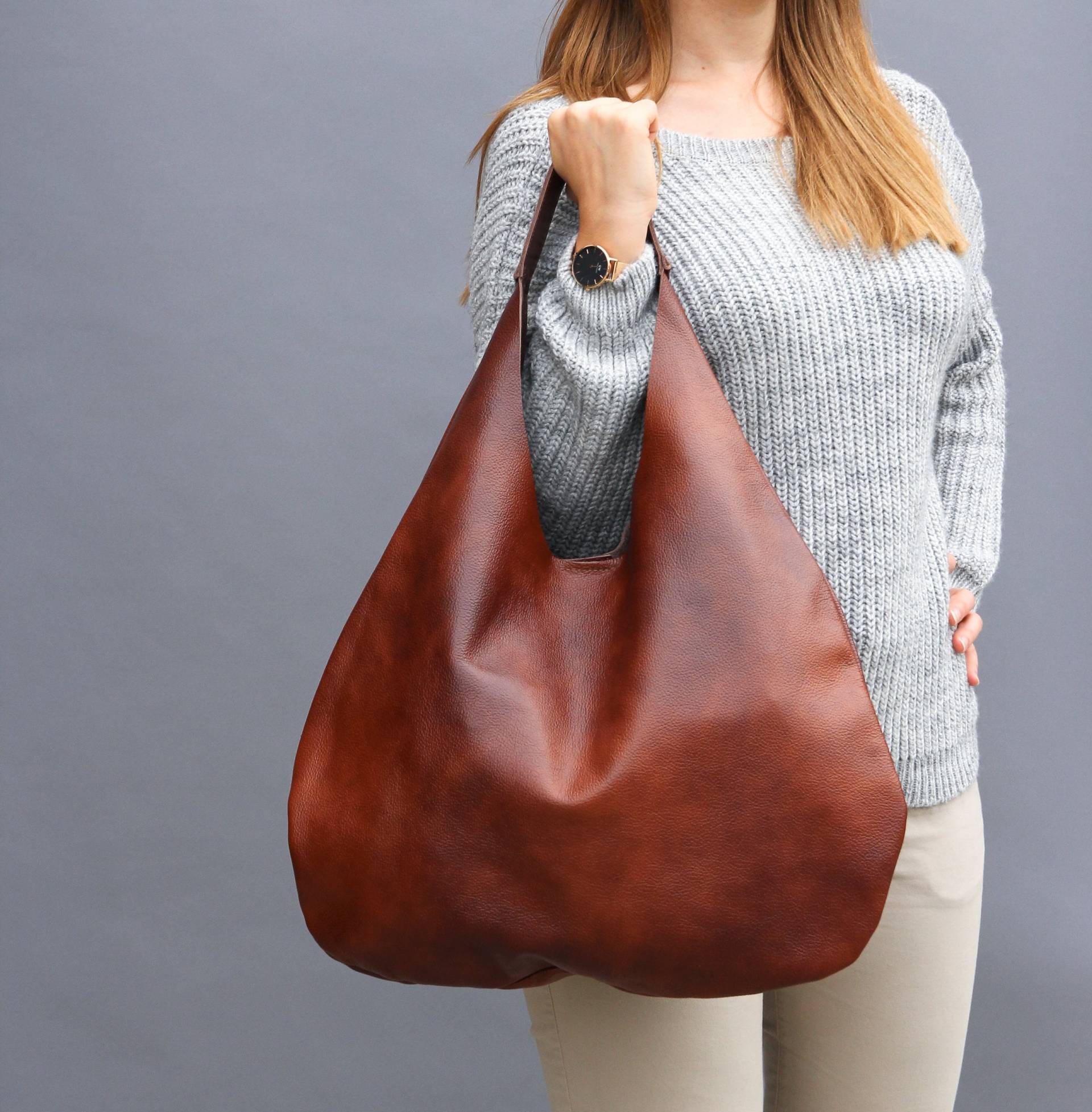 Cognac Leder Hobo Tasche - Brown Oversize Schultertasche Jeden Tag Leder Geldbörse Weiche Handtasche Für Frauen von FlouBag