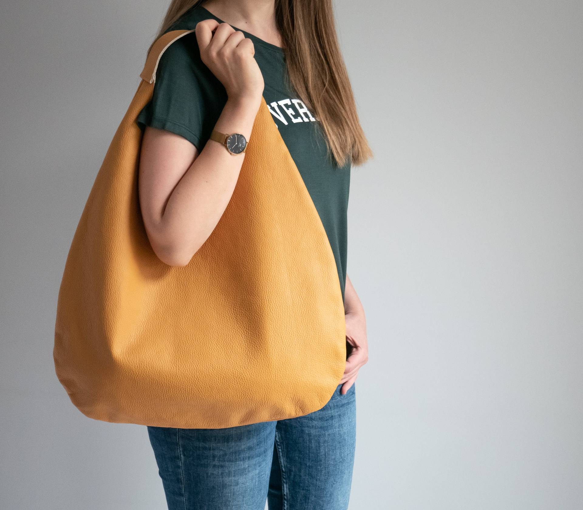 Gelbe Leder Hobo Tasche - Oversize Umhängetasche Alltagstasche Aus Leder Weiche Handtasche Für Frauen, Hobo von FlouBag