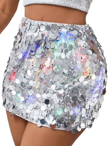 Flovel Light Up Pailletten Rock Sparkle Bodycon Mini Röcke Club Party Rave Outfits Outfits Glitter Disco Rock Kostüm für Frauen Mädchen von Flovel