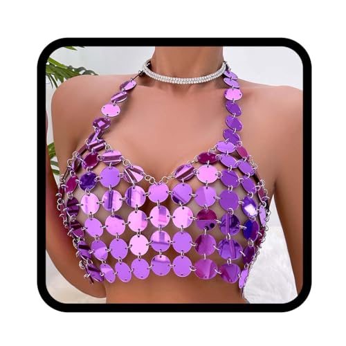 Flovel Pailletten Körperkette für Damen Lila Neckholder Bikini Kette Sexy Brustkette Glitzernde Rave Outfit Nachtclub Party Körperschmuck von Flovel