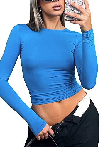 Frauen Langarm Crop Top Einfarbig Casual Basic Slim Fit Rundhals T-Shirt Ausgehen Tops Streetwear, A-Blau, Small von Flprinces