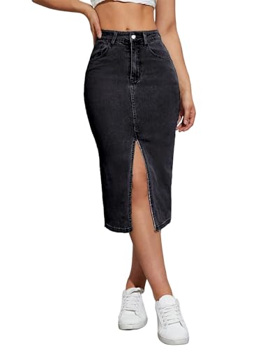 Damen Jeans-Bleistiftröcke, mittellang, hohe Taille, A-Linie, Midi-Jeansrock, geteilter Saum, Röcke für Damen., Schwarz, Mittel Damen Jeans-Bleistiftröcke, mittellang, hohe Taille, A-Linie, Midi-Jeansrock, geteilter Saum, Röcke für Damen., Schwarz, Mittel von Flvsun