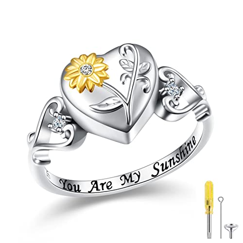 Urnen Ring für Asche 925 Sterling Silber Sonnenblume Herzen Feuerbestattung Ring Memorial Andenken Ring Schmuck für Damen Herren (54 (17.3)) von Flyow