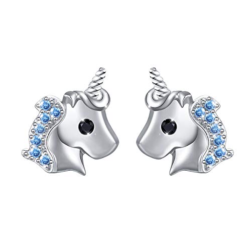 Fylow 925 Sterling Silber Einhorn Ohrstecker mit CZ Stecker Ohrringe Ohrschmuck (Blau) von Flyow