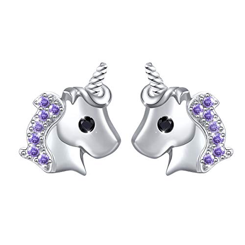 Fylow 925 Sterling Silber Einhorn Ohrstecker mit CZ Stecker Ohrringe Ohrschmuck (Purpurn) von Flyow