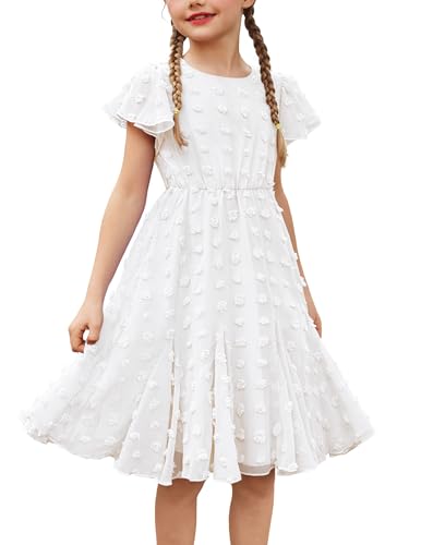 Flypigs Kleid für Mädchen Niedlich Elegant Sommerkleid Prinzessin Kinder Knielang Chiffon Kurzarm Weiß 140 von Flypigs
