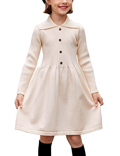 Flypigs Mädchen Kleid Winter Kleid Langarm Strickkleid Einfarbig Skaterkleid Festlich Elegant Herbst Freizeitkleid, Aprikose, 4-5 Jahre, 104 110 von Flypigs