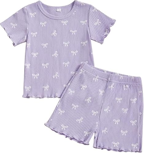 Fnaobai Kleinkind Baby Mädchen Sommer Kleidung Rüsche Gerippt Strick Kurze Ärmel Niedliche Schleife T-Shirt Tops und Shorts Outfit Fnaobai Kleinkind Baby Mädchen Sommer Kleidung Rüsche Gerippt Strick Kurze Ärmel Niedliche Schleife T-Shirt Tops und Shorts Outfit von Fnaobai