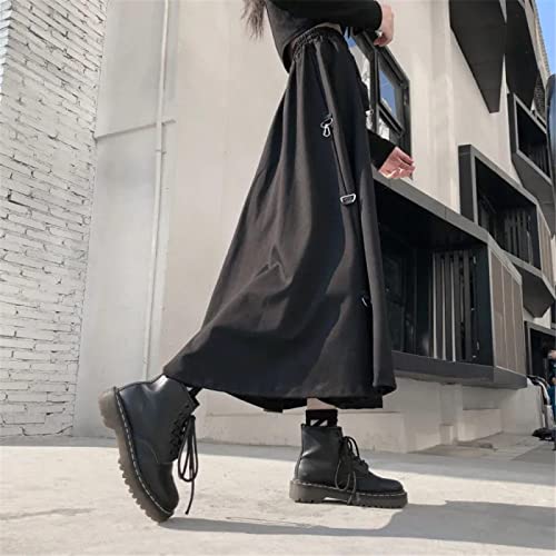 Rock Damen Langer Skirt Falten Taille Linie Loose Hip-Hop Punk Elastic High Taist Cargo Rock Frauen Korean Casual Gothic Long Dark Rock Streetwear Schwarz L Schwarz von Focisa