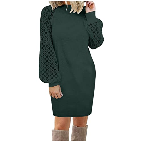 Rock Damen Langer Taille Skirt Linie Falten Herbst Winter Frauen Kleid Spitze Nähte Langarm Lose Mini Kleid Robe Elegante Casual Waffel Strick Kleider L Grün von Focisa