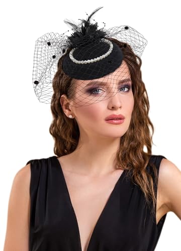 Focupaja Fascinator Hüte Damen Pillbox Hut mit Mesh Schleier Federn Derby Stirnband Hochzeit Kopfbedeckung Tea Party Haarspange 1950er Vintage Fascinator W4-27-Schwarz von Focupaja