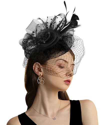 Focupaja Fascinator Hüte Damen Pillbox Hut mit Mesh Schleier Federn Derby Stirnband Hochzeit Kopfbedeckung Tea Party Haarspange 1950er Vintage Fascinator W4-48-Schwarz von Focupaja