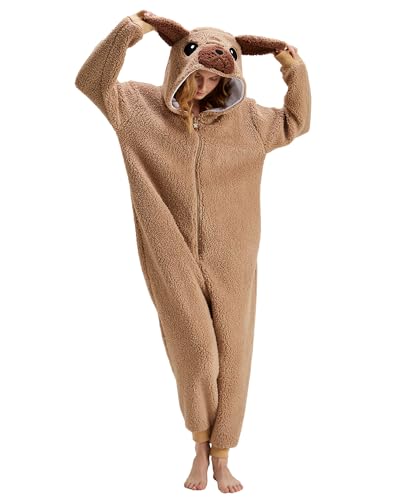Focupaja Unisex Mops Onesie Erwachsener Pyjamas Tier Schlafanzug Einteilig Gemütlich Nachtwäsche Homewear Halloween Cosplay Kostüm Khaki L von Focupaja