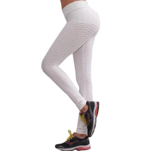 Fohevers Damen-Leggings mit hoher Taille, für Yoga, Fitnessstudio, Laufen, elastisch, für Sport, gerüscht, Scrunch, Po, Lift, Bauchkontrolle, Leggings, weiß, XXL von Fohevers