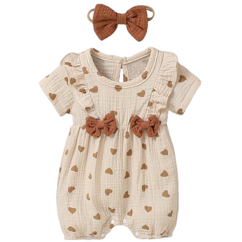 Fohuanky Sommer-Strampler für Neugeborene und Mädchen, mit Stirnband, weiche Baumwolle, mit Herz-Print und Schleifen, für drinnen und draußen, beige, 0-3 Months Fohuanky Sommer-Strampler für Neugeborene und Mädchen, mit Stirnband, weiche Baumwolle, mit Herz-Print und Schleifen, für drinnen und draußen, beige, 0-3 Months von Fohuanky