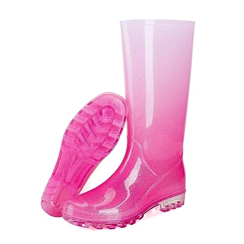 Foinledr Gummistiefel Regenstiefel Damen, Safety Wasserdicht Gummischuhe, Mode Anti-Rutsch Regenschuhe, Glitzer Rosa, 38 EU von Foinledr