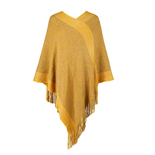 Damen Poncho Pullover V-Ausschnitt Gestreift Strickschal Umhang Pullover mit Fransen Geschenke für Frauen Mutter, senfgelb, Small/Large von Fomolom