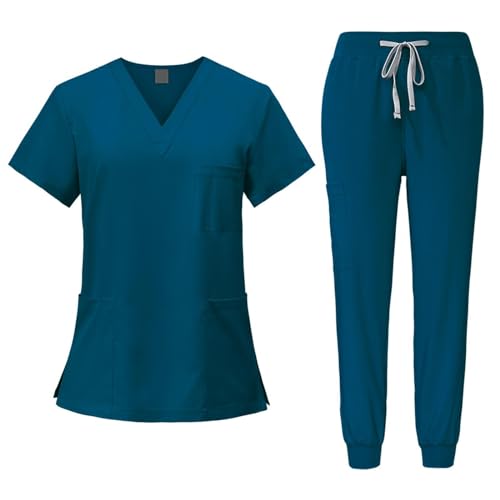 Fonowx Medizinische Arbeitskleidung Damen Herren, Krankenschwester Arbeitskleidung Set Waschbar, Medizinische Uniform mit Oberteil und Hose für Beauty Salon Klinik Krankenhaus, Blau, m von Fonowx