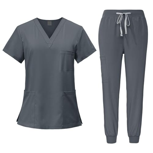 Fonowx Medizinische Arbeitskleidung Damen Herren, Krankenschwester Arbeitskleidung Set Waschbar, Medizinische Uniform mit Oberteil und Hose für Beauty Salon Klinik Krankenhaus, GRAU, m von Fonowx