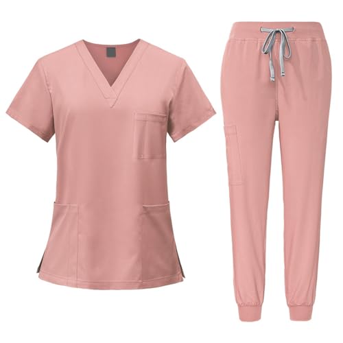 Fonowx Medizinische Arbeitskleidung Damen Herren, Krankenschwester Arbeitskleidung Set Waschbar, Medizinische Uniform mit Oberteil und Hose für Beauty Salon Klinik Krankenhaus, ROSA, l von Fonowx