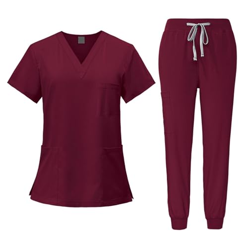 Fonowx Medizinische Arbeitskleidung Damen Herren, Krankenschwester Arbeitskleidung Set Waschbar, Medizinische Uniform mit Oberteil und Hose für Beauty Salon Klinik Krankenhaus, Rot, XL von Fonowx