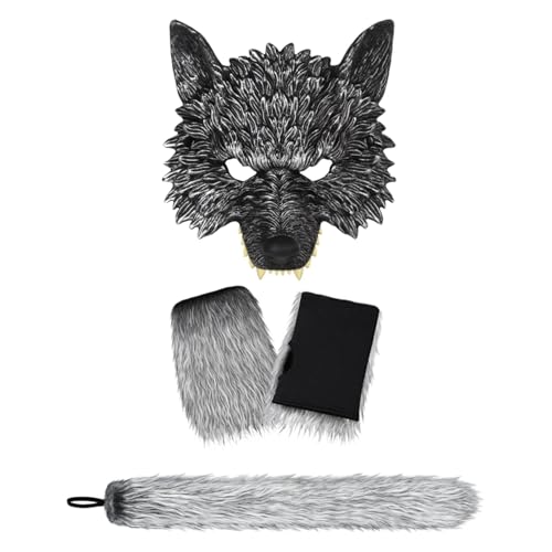 Fonowx Wolfsschwanz und Handschuhe, Wolf Tail and Gloves Set, Wolf Kostüm Dress Up, Plüsch Wolf Fuchsschwanz Kinder Kostüm Set für Maskerade Cosplay Halloween, mit Maske 23cmx23cm von Fonowx