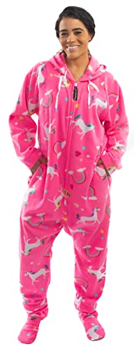 Forever Lazy Footed Erwachsene Onesies Einteiler Pyjama Jumpsuits für Männer und Frauen Unisex mit abnehmbaren Füßen, Rosa, Einhorn, X-Large von Forever Lazy