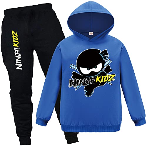 Ninja Kidz Kinder Trainingsanzüge Jungen Mädchen Kapuzenpullover und Hose, 2-teiliges Outfit, lässiger Pullover und Jogging-Set, blau, 7-8 Jahre von Forlcool