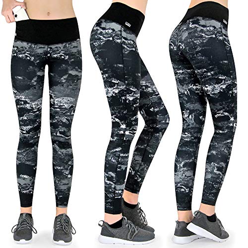 Formbelt Damen Sportleggins lang mit hohem Bund und Handytasche - meliert Camouflage hoher Bund Leggins Sporthose Hüfttasche für Smartphone Handy (Marmor, M) von Formbelt