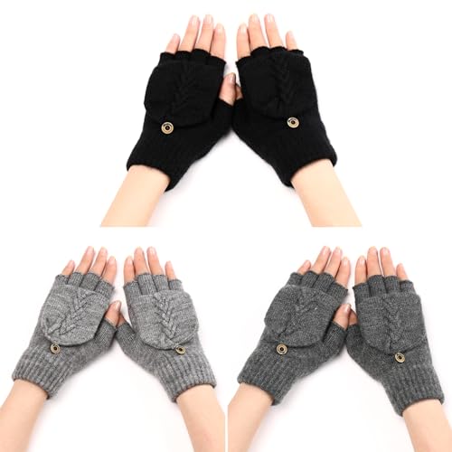 Forreen Handschuhe Fingerlos Damen Herren, 3 Pairs Fingerlose Handschuhe Convertible Warm Winter Strick Fingerhandschuhe mit Flip Abdeckung für Innen und Außen von Forreen