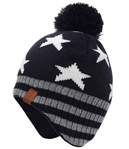 Foruhoo Jungen Mütze Strickmütze Beanie, Jungen Wintermütze Hut mit Fleecefutter(Marineblau Stern,51cm) von Foruhoo