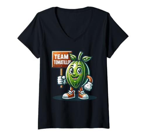 Damen Team Tomatillo, mexikanische Schalen-Tomaten-Maskottchen, lustiges Gemüse T-Shirt mit V-Ausschnitt Damen Team Tomatillo, mexikanische Schalen-Tomaten-Maskottchen, lustiges Gemüse T-Shirt mit V-Ausschnitt von Fossil Forward Homestead