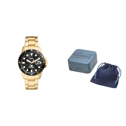 Fossil Herrenuhr Blue Dive und Halskette Harlow, goldfarbener Edelstahl, Set von Fossil