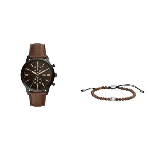 Fossil Men's Brown Leather Watch and Silver Tone Stainless Steel Bracelet, Set von Fossil