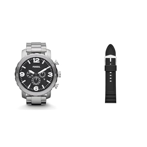 Fossil Men's Nate Silver-Tone Stainless Steel Watch and Replaceable Black Silicone Strap, Set von Fossil