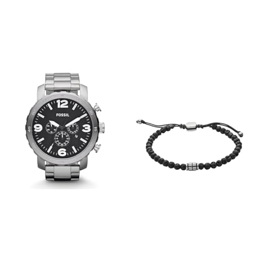 Fossil Men's Silver-Tone Stainless Steel Watch and Black Semi-Precious Bracelet, Set von Fossil