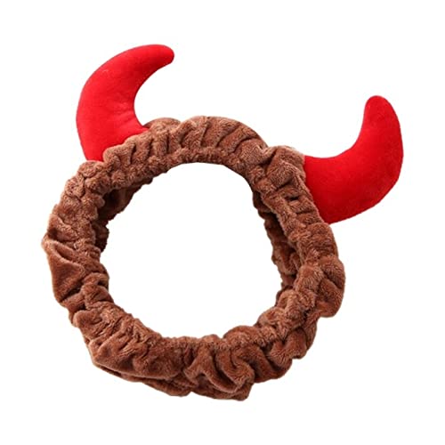 Stirnband Damen Plüsch rot Ochsen Devil Dämon Hörner Stirnband Makeup Dusche Wash Gesicht Sport Samt Haarband Weibliche Mädchen Lustiges Festival Neues Jahr Gesichtswaschstirnband (Size : Dark Khaki von FrEshn