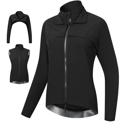 Fractilian 2 in 1 Fahrradjacke Damen Wasserdicht Atmungsaktiv Fahrradweste mit Abnehmbaren Ärmeln, Reflektierend Windschutz Windjacke Langarm Radjacke(Size:XL,Color:Schwarz) von Fractilian