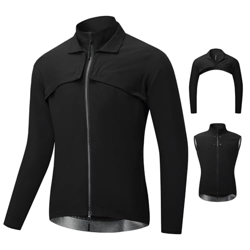 Fractilian 2 in 1 Fahrradjacke Herren Wasserdicht Atmungsaktiv Fahrradweste mit Abnehmbaren Ärmeln, Reflektierender Windschutz Fahrradmantel Langarm Radlerjacke(Size:3XL,Color:Schwarz) von Fractilian