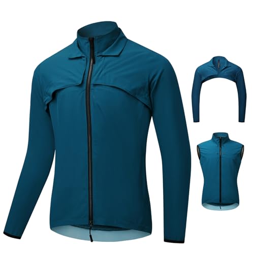 Fractilian 2 in 1 Fahrradjacke Herren Wasserdicht Atmungsaktiv Fahrradweste mit Abnehmbaren Ärmeln, Reflektierender Windschutz Fahrradmantel Langarm Radlerjacke(Size:L,Color:Blau) von Fractilian