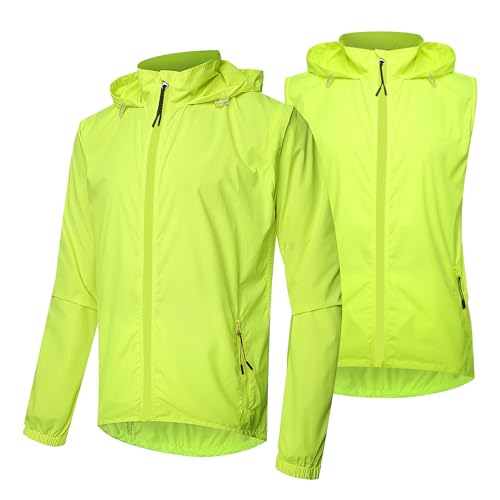 Fractilian Radjacke Herren Sommer Wasserdicht Atmungsaktiv mit Kapuze, 2 In 1 Winddicht Fahrradjacke Langarm UV-Schutz Fahrradweste Reflektierend Regenjacke Laufjacke(Size:XXL,Color:Grün) von Fractilian