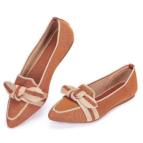 Frank Mully Loafer Flats für Damen Lässiger Strickstoff Leichte Elegante Schuhe Waschbar Elegante Schnürschuhe mit spitzer Zehenpartie Bequeme Schuhe im Ballettstil für, Orange, 37 EU von Frank Mully