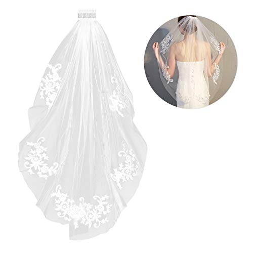 Elegent kurze Brautschleier Spitze Appliques Kristall Perlen Hochzeit Schleier mit Kamm () von FRCOLOR