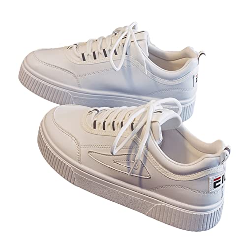 Frdun Weiße Plateau-Sneaker-Schuhe, Cleated Lace Up Platform Sneakers Schuhe, Damen Weiß Sportbekleidung Casual Stoff-Sneakers Stoßdämpfend für Geschenke von Frdun