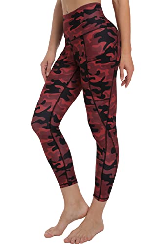 Free Leaper 7/8 Leggings Damen Hohe Taille Yogahose Länge mit Taschen Sporthose (Rot Schwarz Camo, XS) von Free Leaper